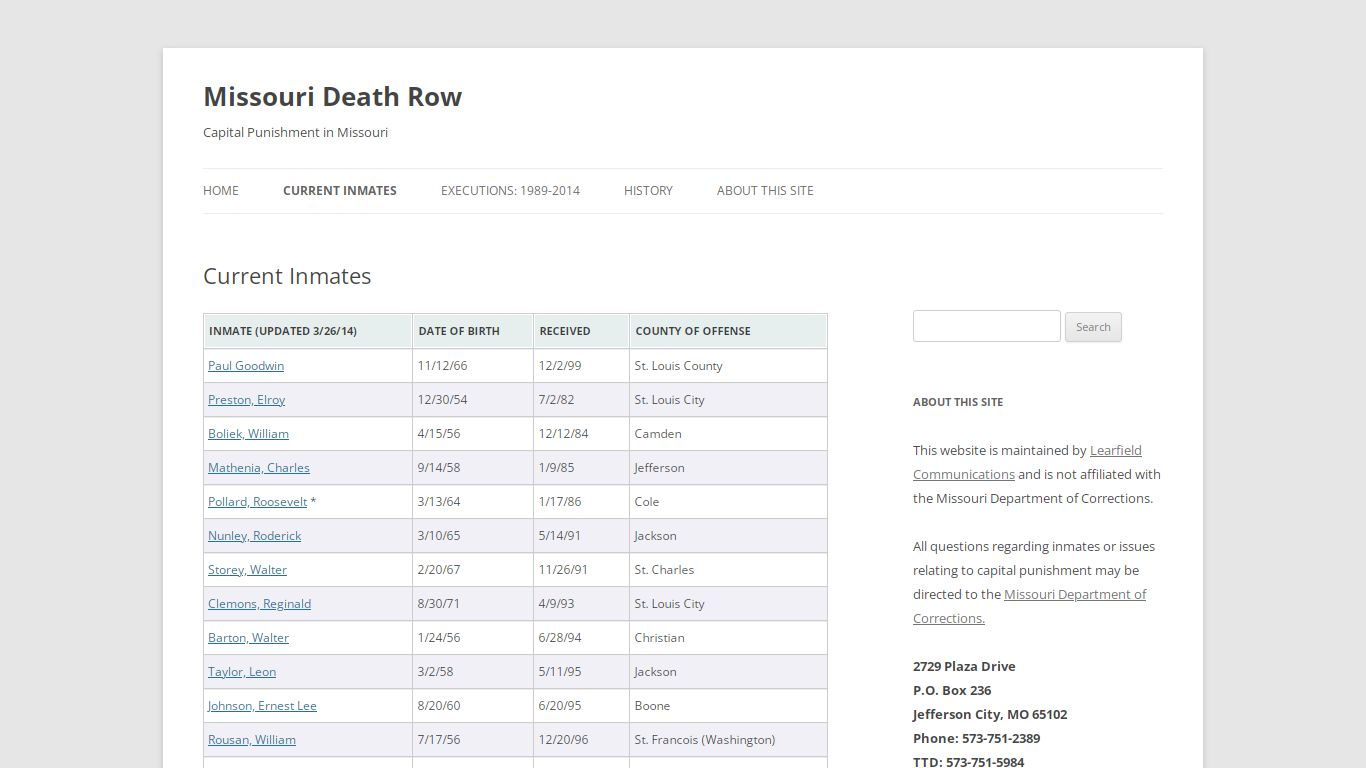 Current Inmates | Missouri Death Row